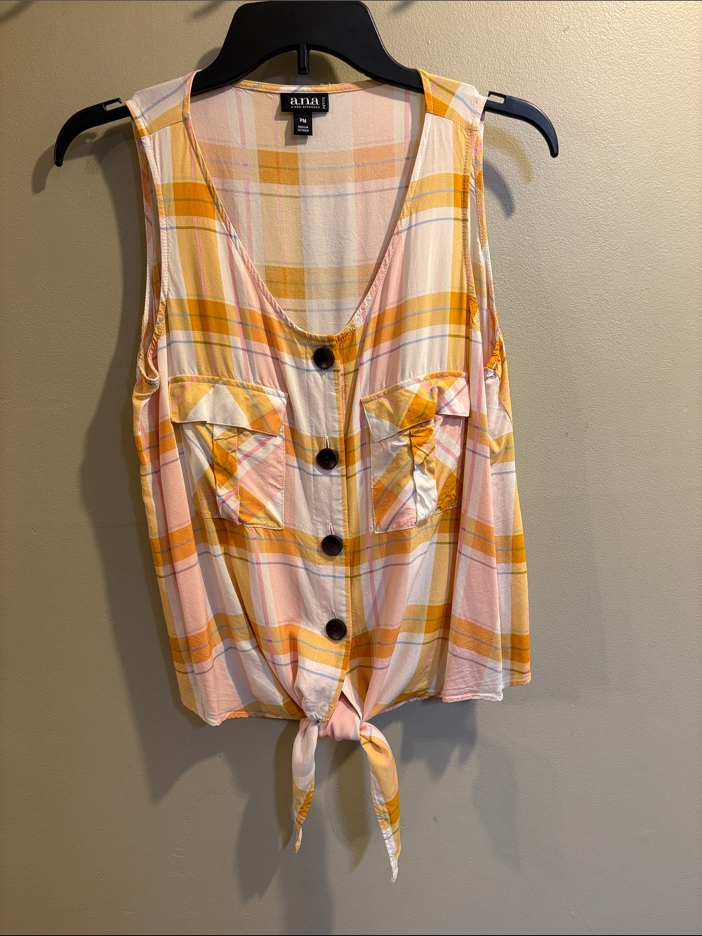 a.n.a Yellow and Pink Plaid Tie-Front Button Tank